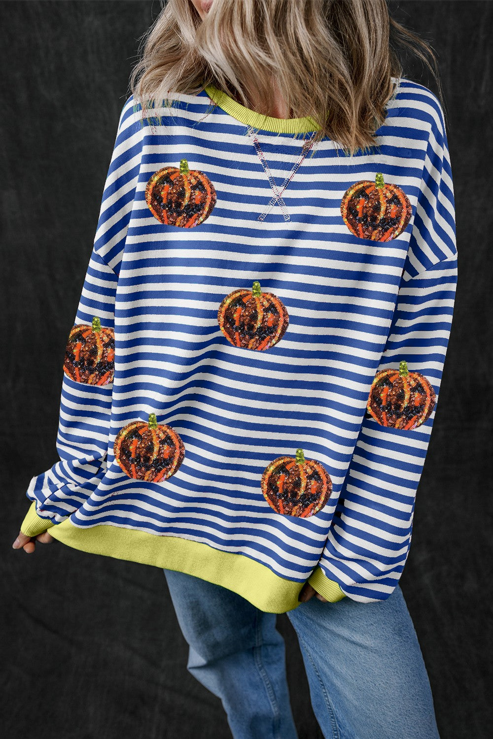 Pumpkin Striped Round Neck Long Sleeve Sweatshirt - Charming Charlie