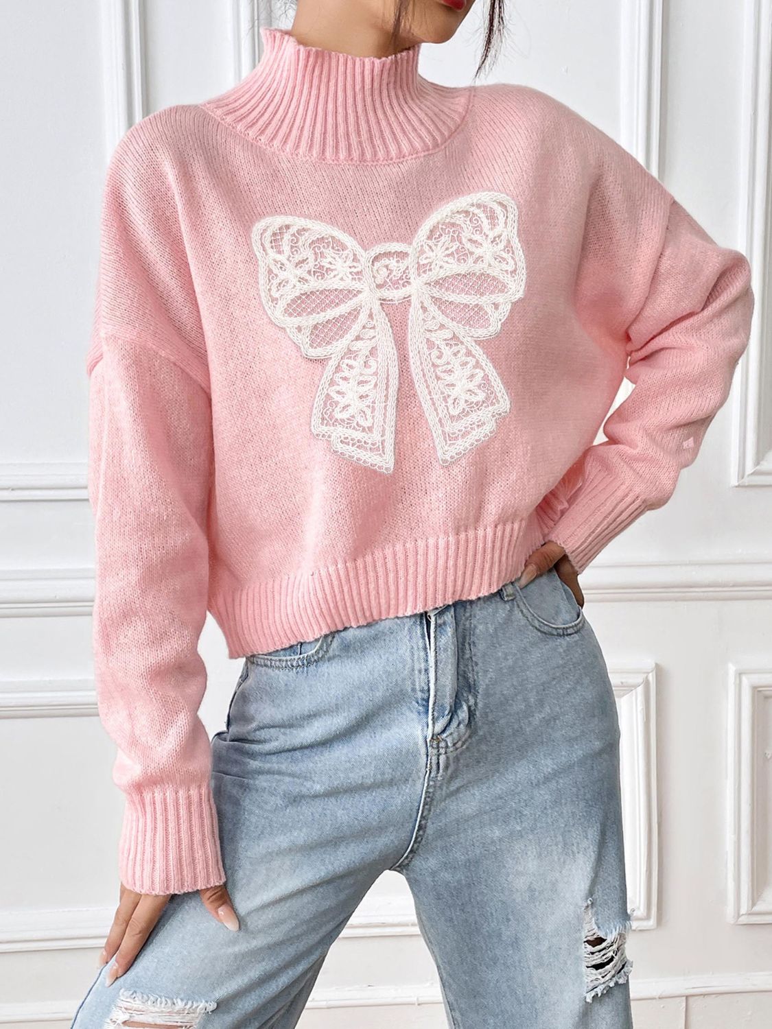 Bow Turtleneck Long Sleeve Sweater - Charming Charlie