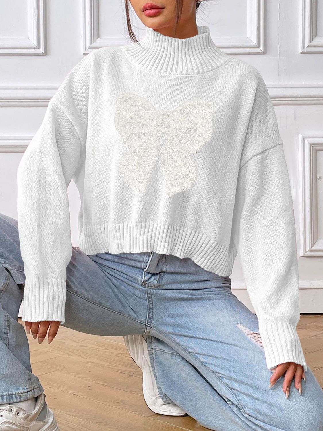 Bow Turtleneck Long Sleeve Sweater - Charming Charlie