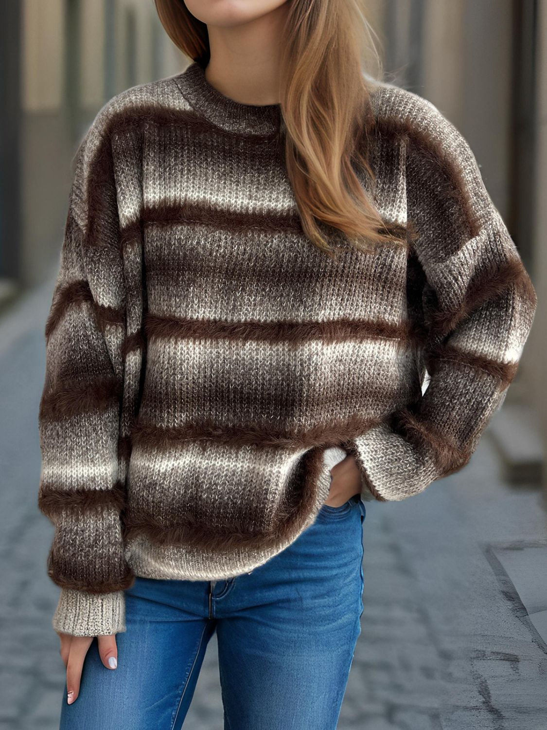 Gradient Round Neck Dropped Shoulder Sweater - Charming Charlie