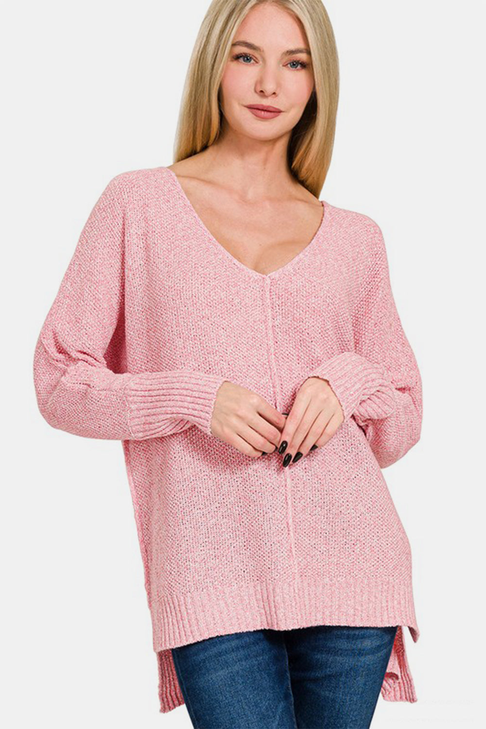 Zenana High-Low Center Seam V-Neck Sweater - Charming Charlie