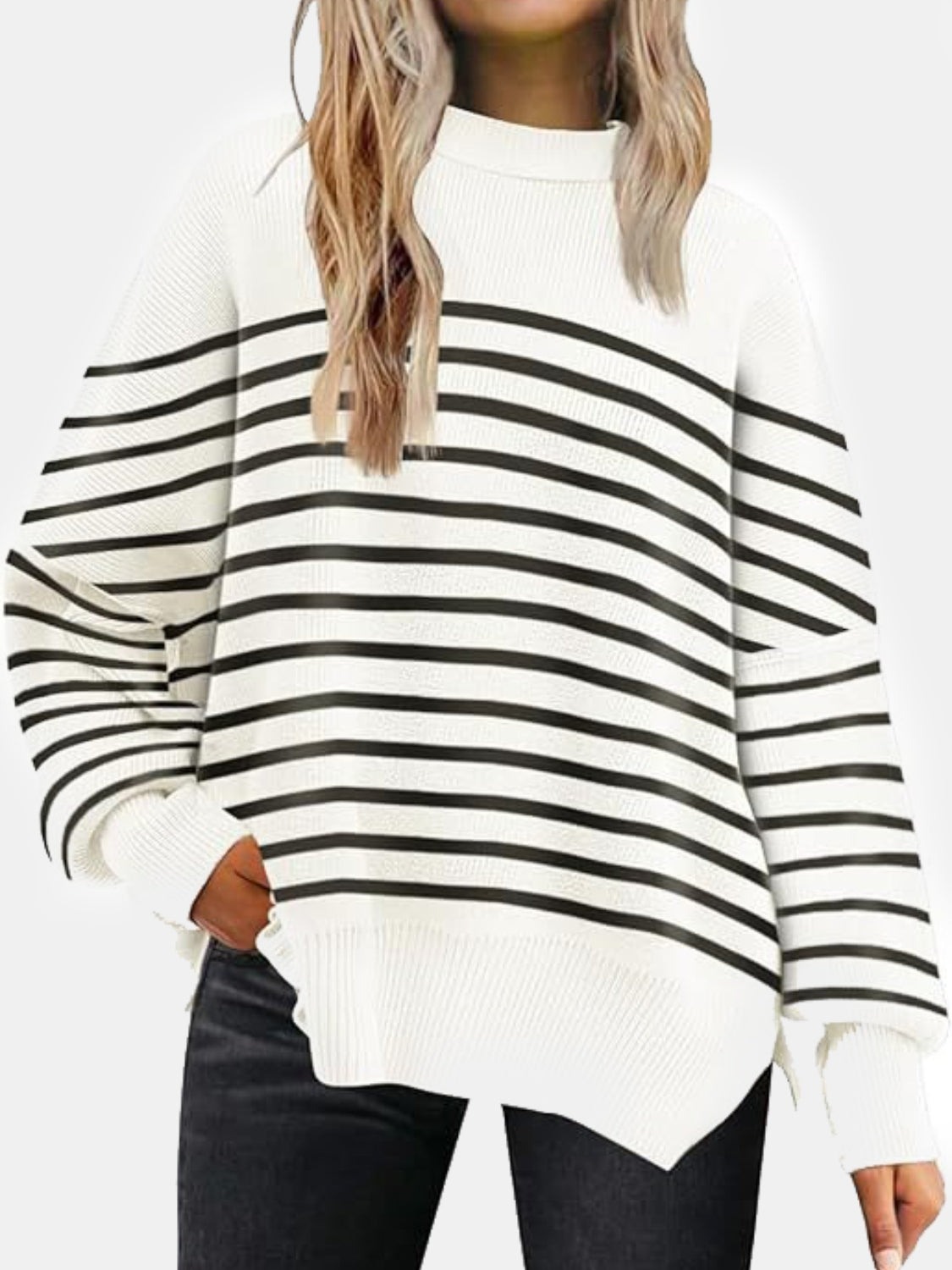 Round Neck Drop Shoulder Slit Sweater - Charming Charlie