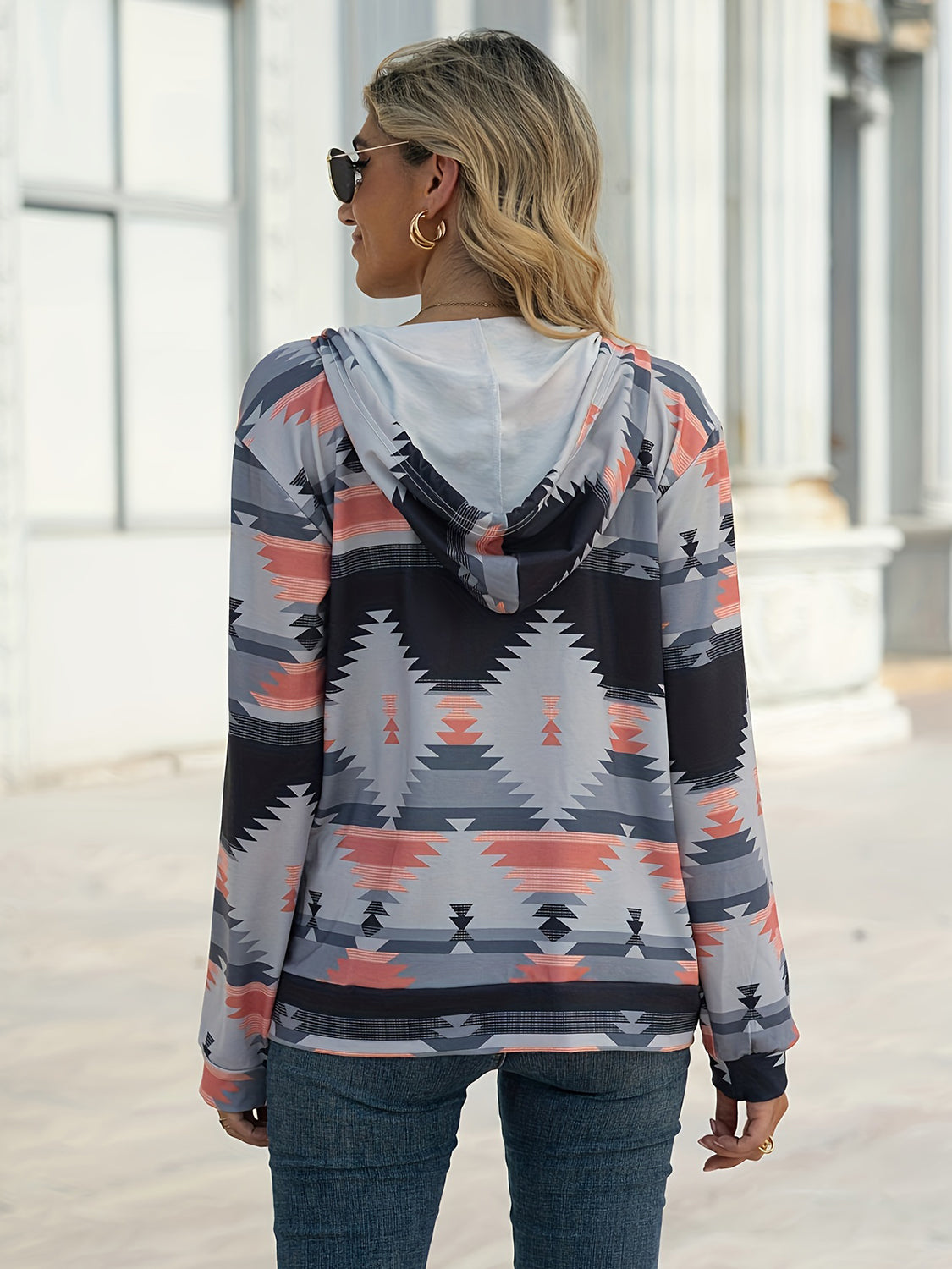 Geometric Zip Up Long Sleeve Hooded Jacket - Charming Charlie