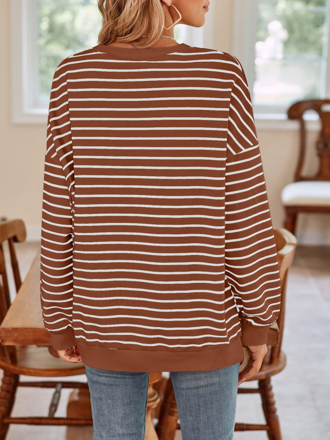 Striped Round Neck Long Sleeve Sweatshirt - Charming Charlie