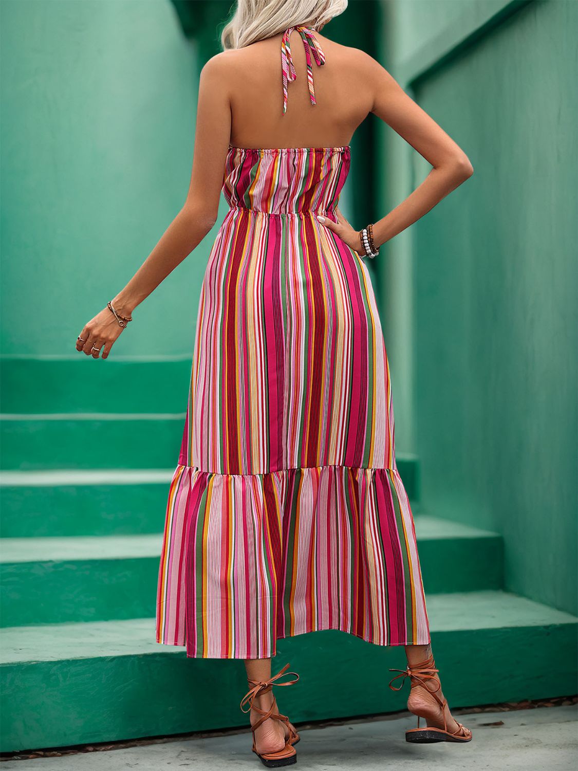 Lace Detail Striped Halter Neck Midi Dress - Charming Charlie