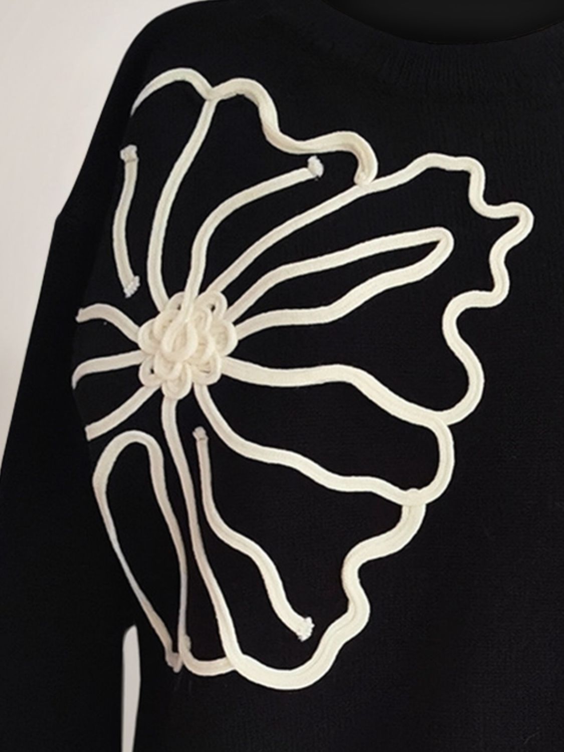 Flower Round Neck Long Sleeve Sweater - Charming Charlie