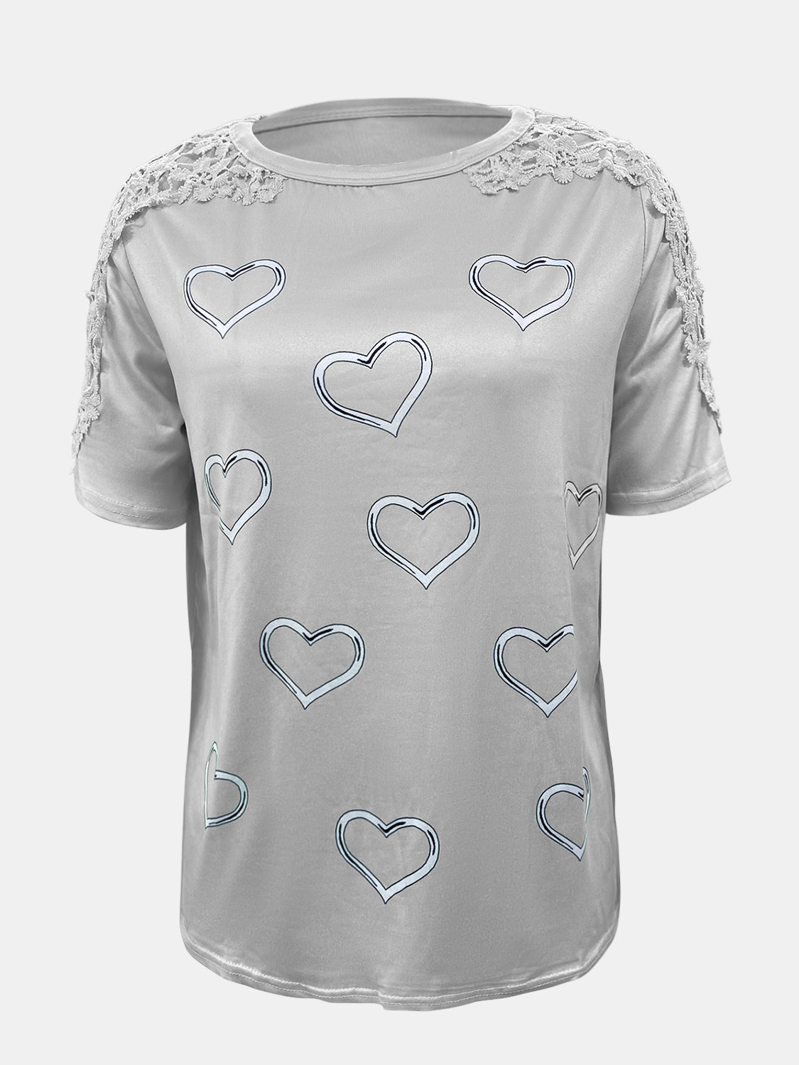 Full Size Lace Detail Heart Round Neck Short Sleeve Top - Charming Charlie
