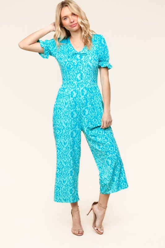 PLUS Spring Vibes Aqua Ikat Print Ruffle Sleeve Wide Leg Jumpsuit - Charming Charlie