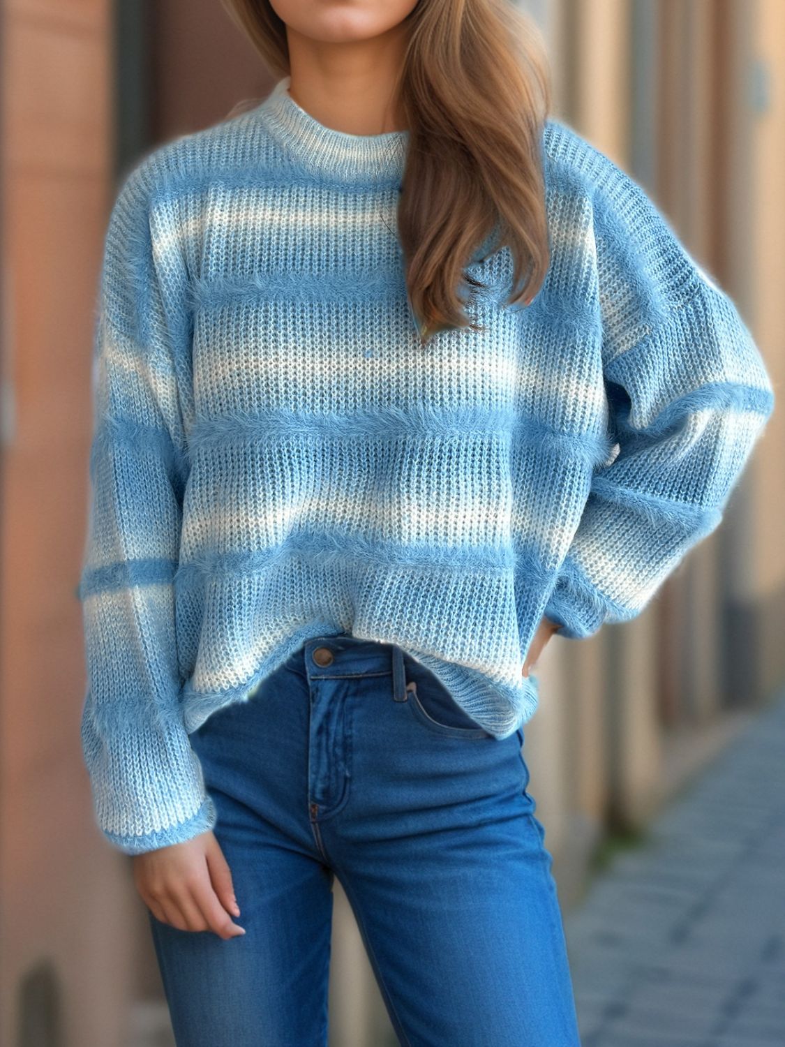 Gradient Round Neck Dropped Shoulder Sweater - Charming Charlie