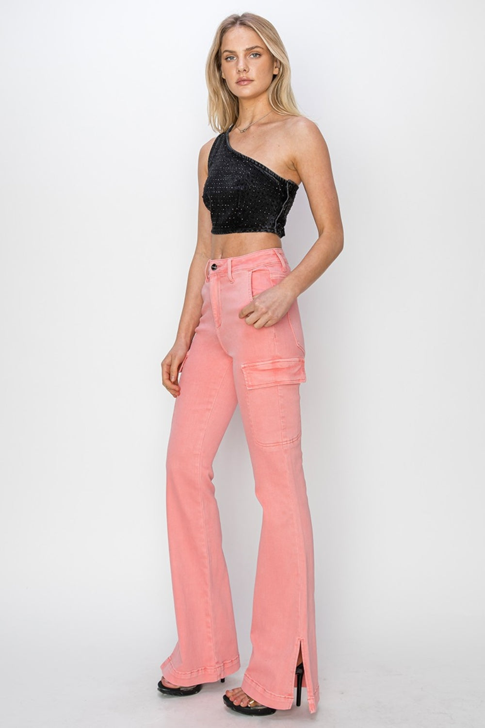 RISEN Full Size High Rise Side Slit Cargo Bootcut Jeans - Charming Charlie