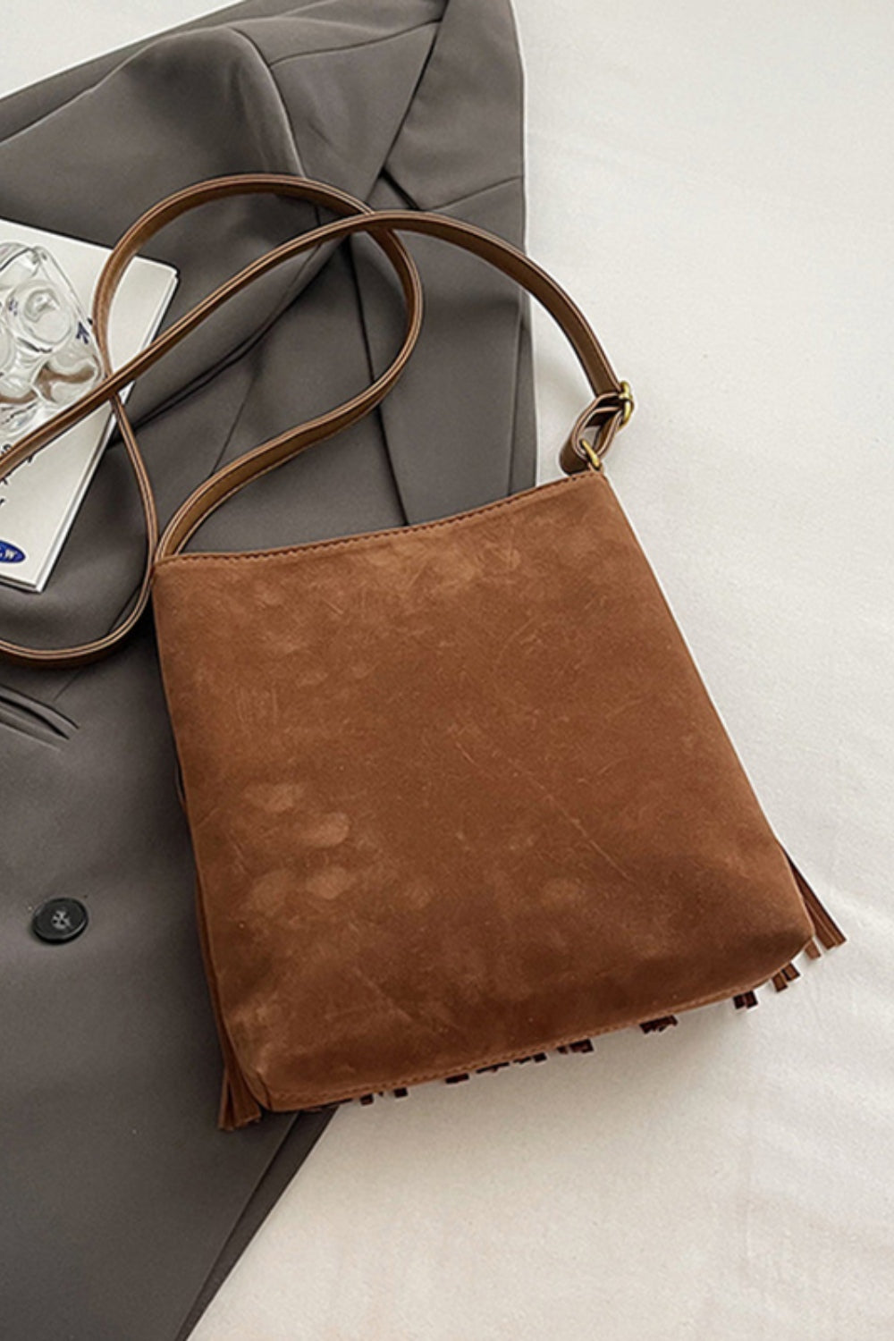 Suede Fringe Adjustable Strap Shoulder Bag - Charming Charlie