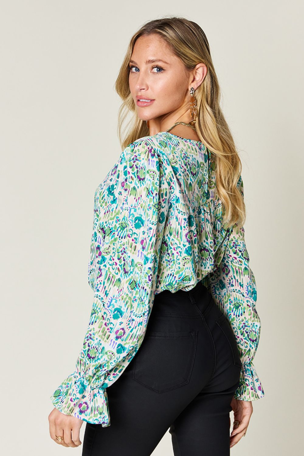 Double Take Full Size Printed Flounce Sleeve Blouse - Charming Charlie