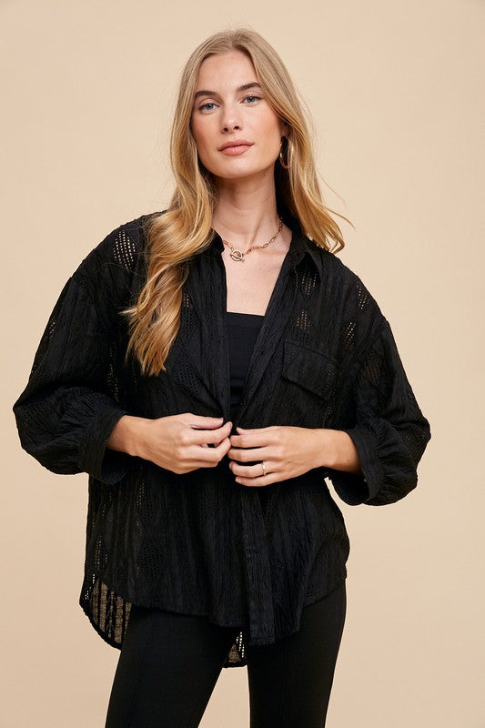 Annie Wear Openwork Button Down Drop Shoulder Shirt - Charming Charlie