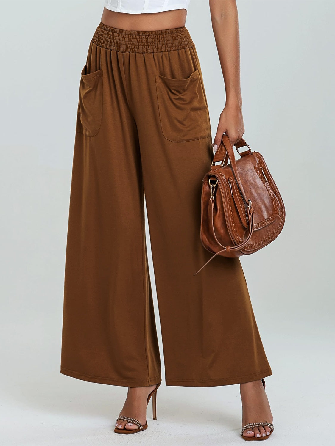 Pocketed Elastic Waist Wide Leg Pants - Charming Charlie