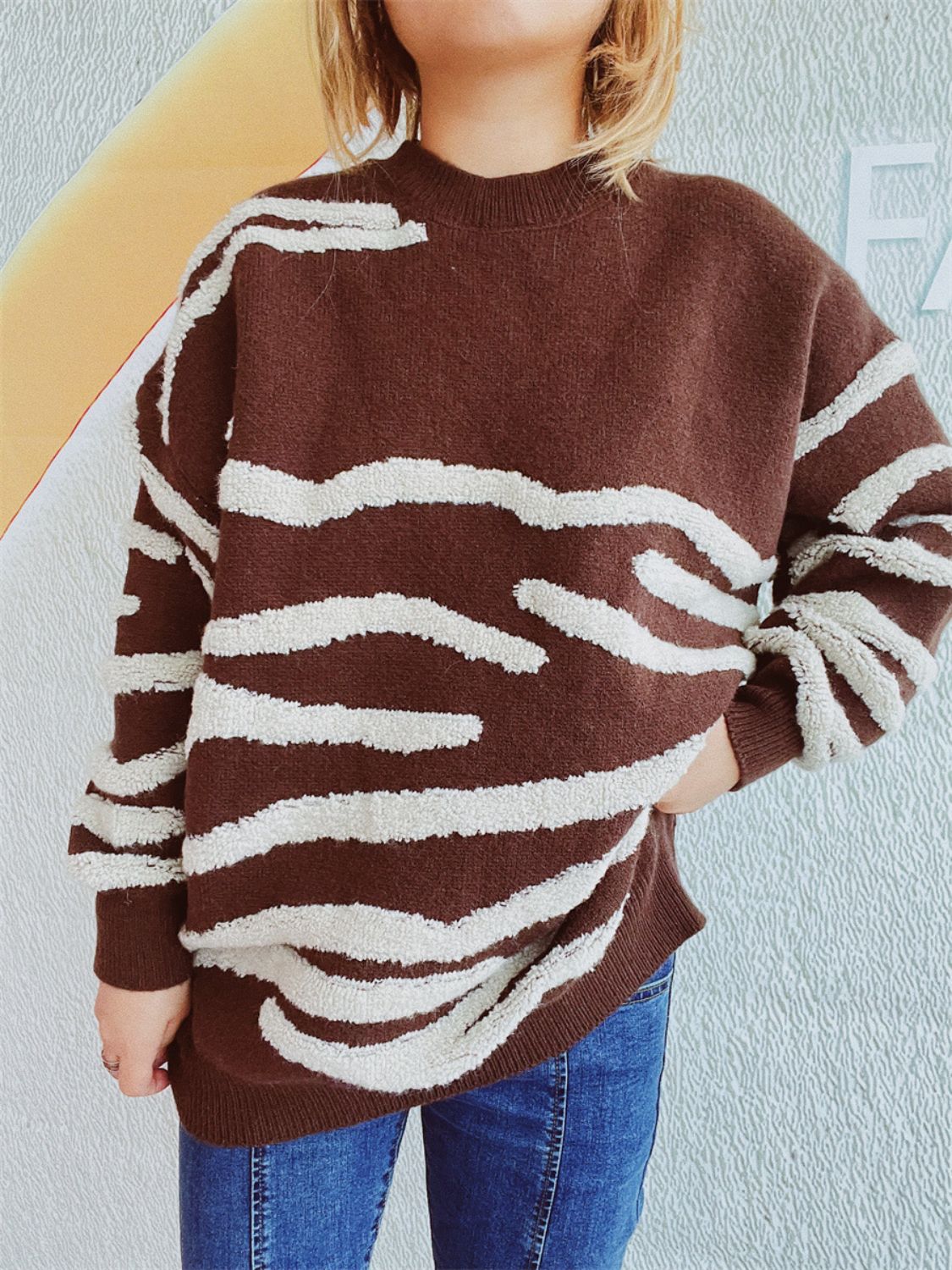 Contrast Round Neck Long Sleeve Sweater - Charming Charlie