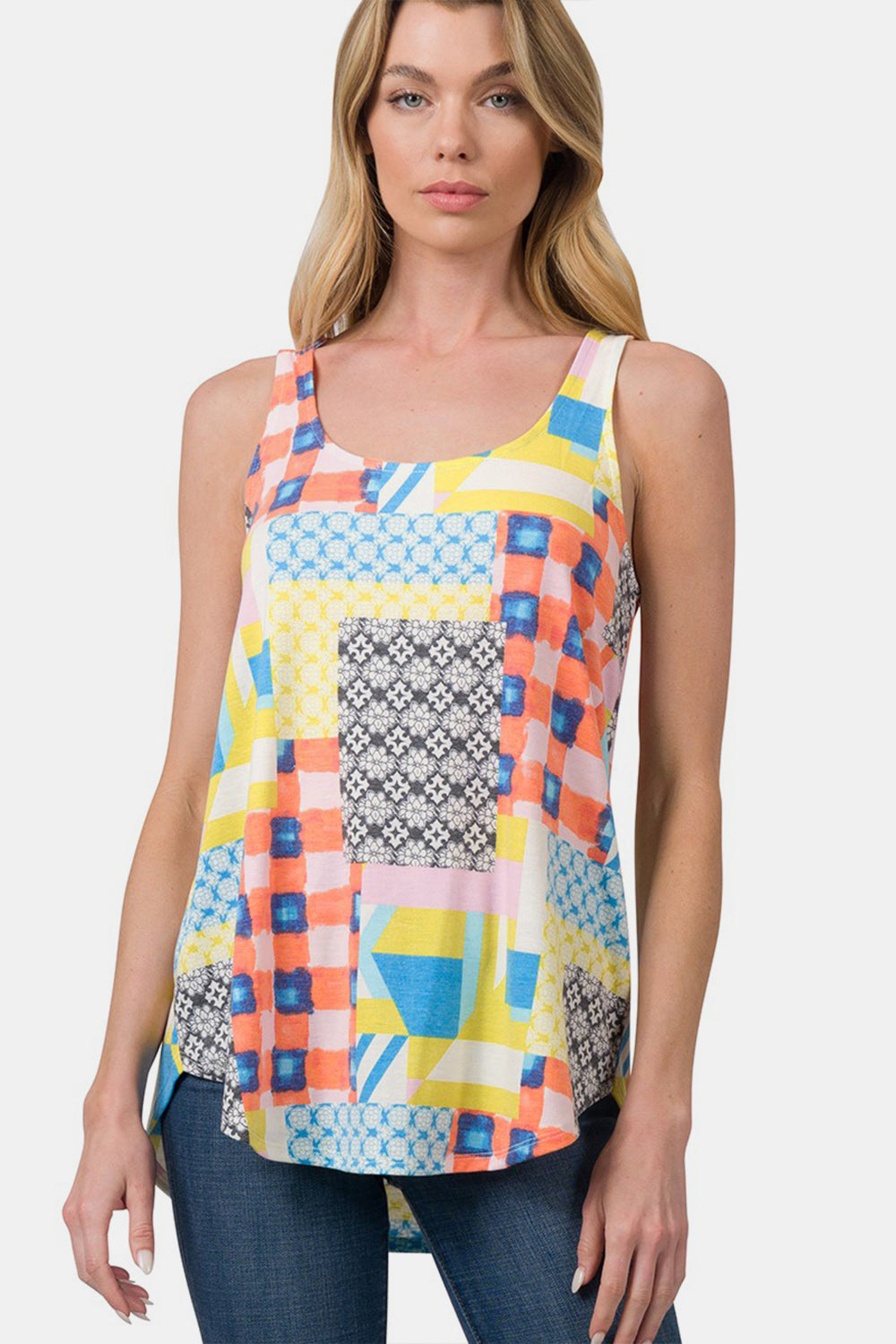 Zenana Printed Round Neck Curved Hem Tank - Charming Charlie