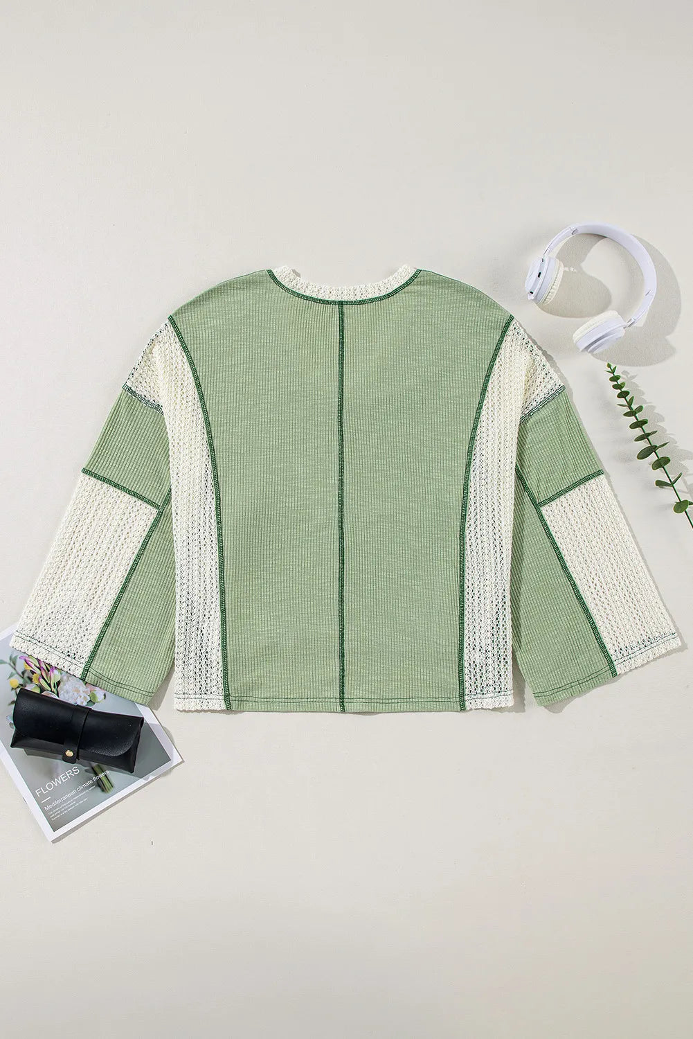 Lace Detail Contrast V-Neck Long Sleeve Blouse - Charming Charlie