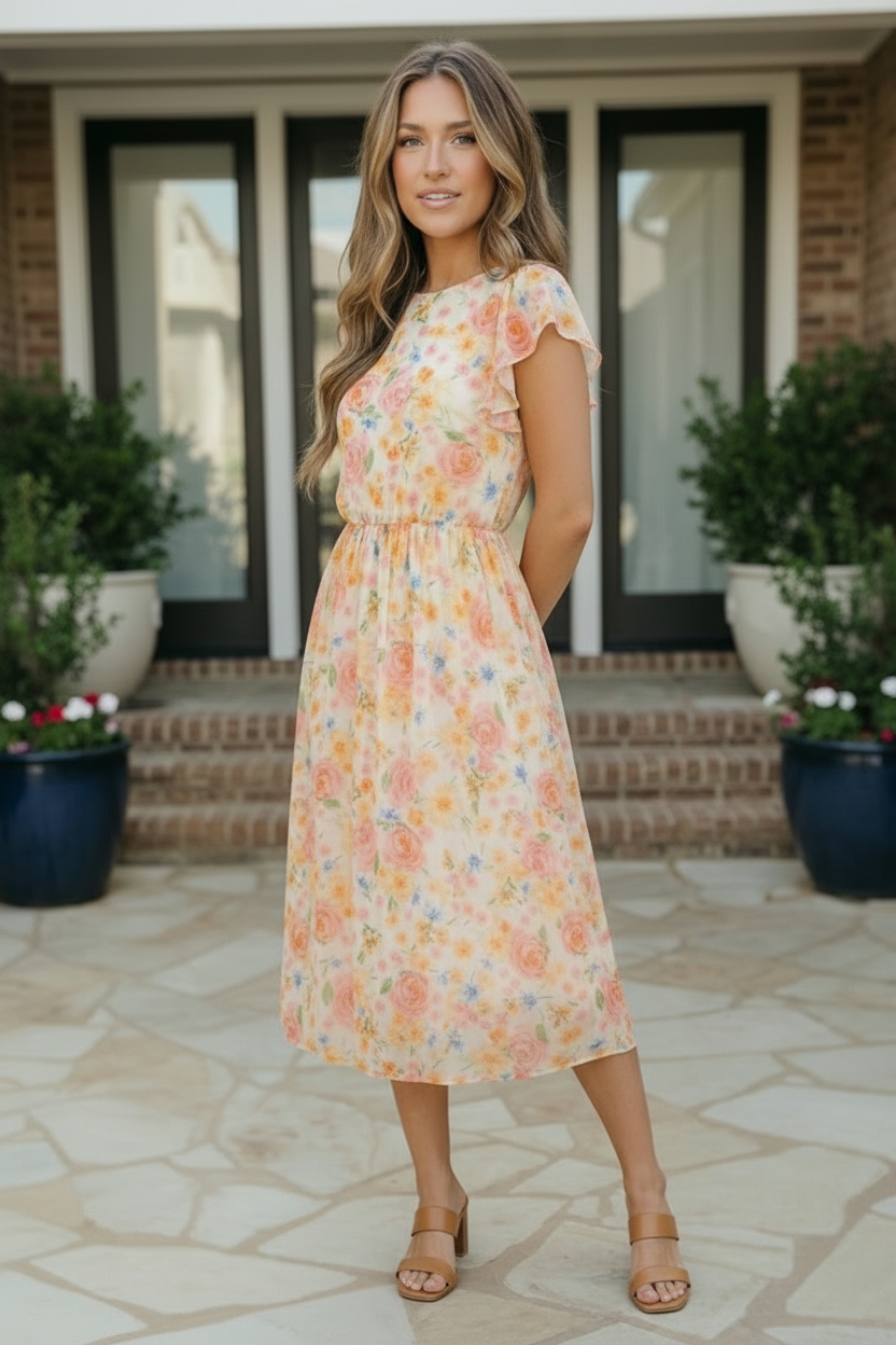 Watercolor Floral Flutter Sleeve Midi Dress - Charming Charlie