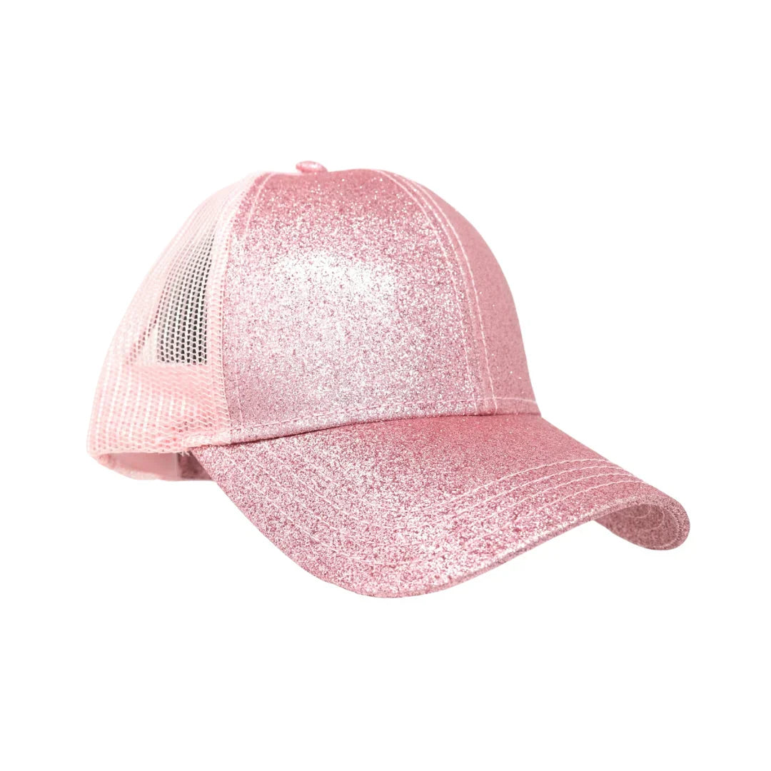 Pink Glitter High Ponytail CC Ball Cap combines practical design with a stylish touch. Featuring a high ponytail opening, it allows for comfortable wear without compromising your hairstyle. The subtle glitter finish adds a refined sparkle, making it suitable for both active and casual settings. Crafted for durability and comfort, this cap is an excellent choice for those seeking a functional accessory with a polished look.