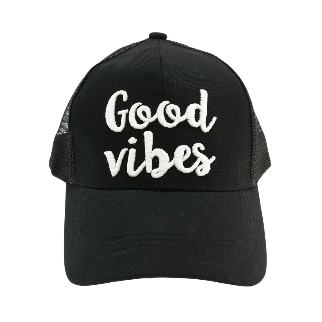 Good Vibes Embroidered Mesh Back High Ponytail CC Ball Cap combines style and functionality with its breathable mesh back and convenient high ponytail opening. Expertly crafted, this cap offers comfort and ventilation, making it ideal for active lifestyles. The embroidered "Good Vibes" detail adds a subtle, uplifting touch to your everyday look. Perfect for those seeking both practicality and a positive statement in their headwear.