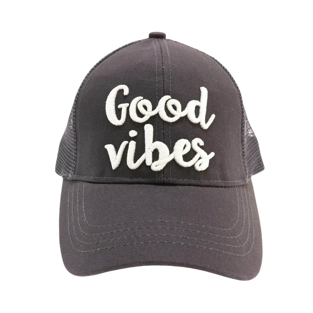 Good Vibes Embroidered Mesh Back High Ponytail CC Ball Cap combines style and functionality with its breathable mesh back and convenient high ponytail opening. Expertly crafted, this cap offers comfort and ventilation, making it ideal for active lifestyles. The embroidered "Good Vibes" detail adds a subtle, uplifting touch to your everyday look. Perfect for those seeking both practicality and a positive statement in their headwear.