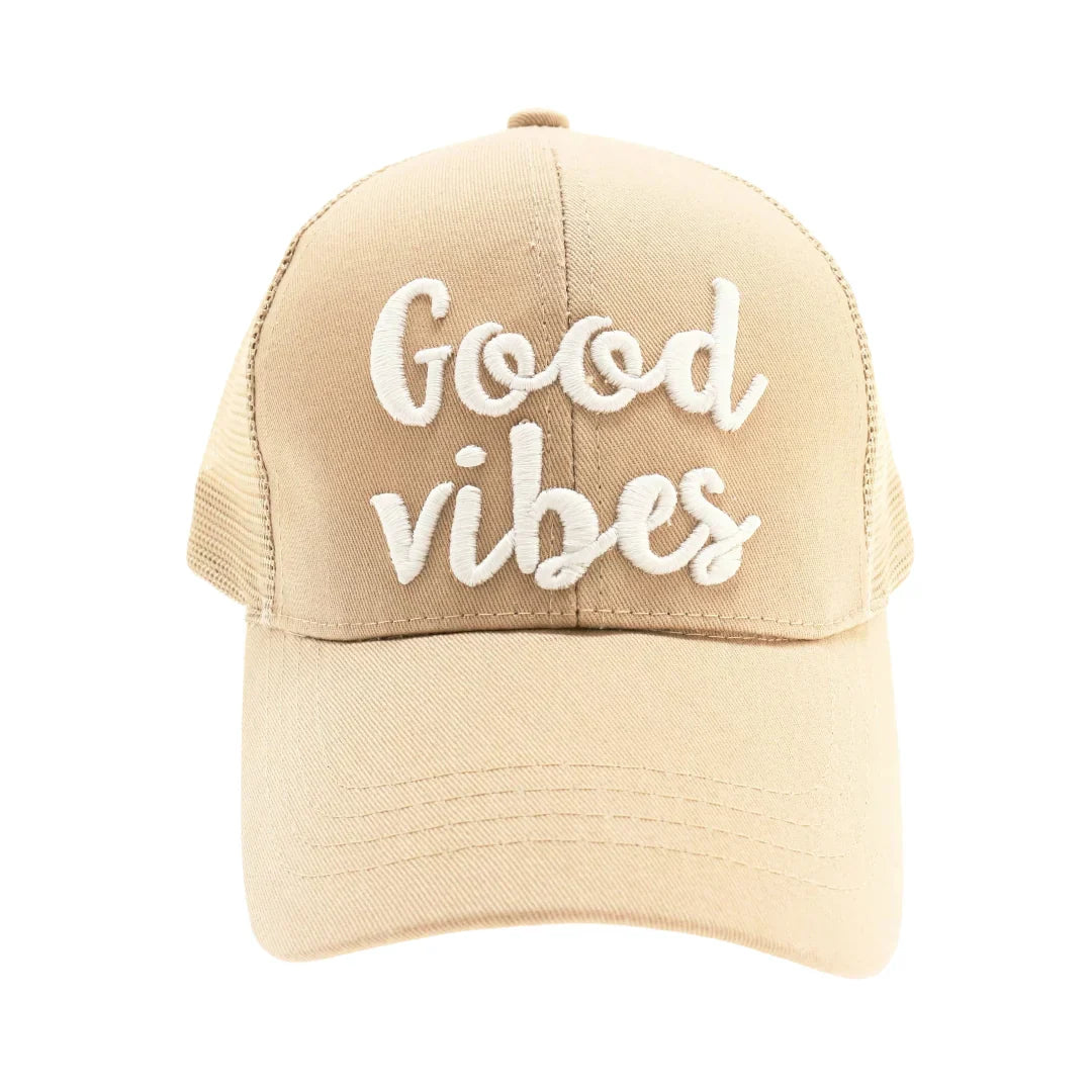 Good Vibes Embroidered Mesh Back High Ponytail CC Ball Cap combines style and functionality with its breathable mesh back and convenient high ponytail opening. Expertly crafted, this cap offers comfort and ventilation, making it ideal for active lifestyles. The embroidered "Good Vibes" detail adds a subtle, uplifting touch to your everyday look. Perfect for those seeking both practicality and a positive statement in their headwear.