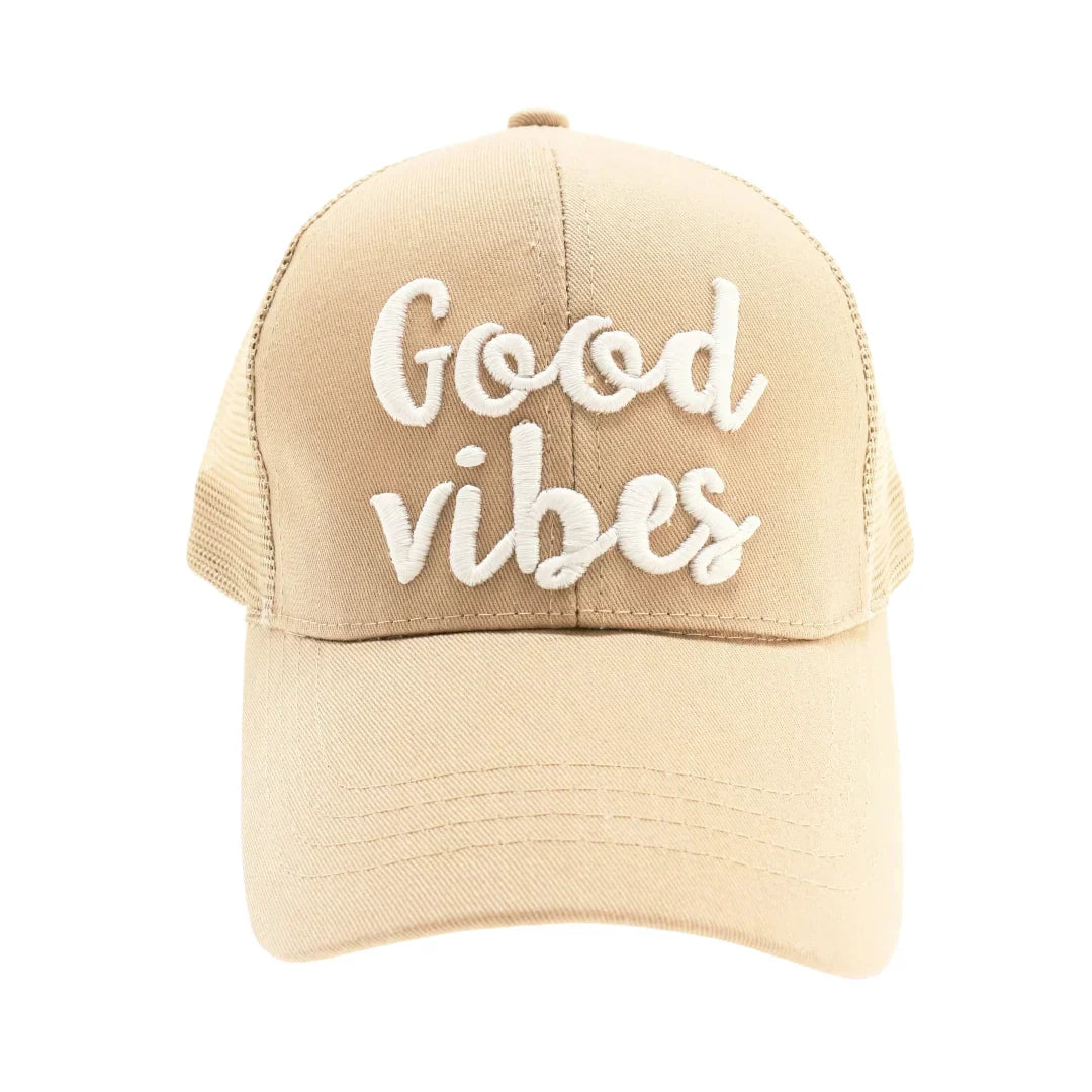 Good Vibes Embroidered Mesh Back High Ponytail CC Ball Cap combines style and functionality with its breathable mesh back and convenient high ponytail opening. Expertly crafted, this cap offers comfort and ventilation, making it ideal for active lifestyles. The embroidered "Good Vibes" detail adds a subtle, uplifting touch to your everyday look. Perfect for those seeking both practicality and a positive statement in their headwear.
