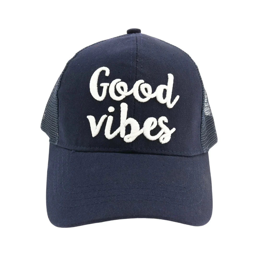 Good Vibes Embroidered Mesh Back High Ponytail CC Ball Cap combines style and functionality with its breathable mesh back and convenient high ponytail opening. Expertly crafted, this cap offers comfort and ventilation, making it ideal for active lifestyles. The embroidered "Good Vibes" detail adds a subtle, uplifting touch to your everyday look. Perfect for those seeking both practicality and a positive statement in their headwear.