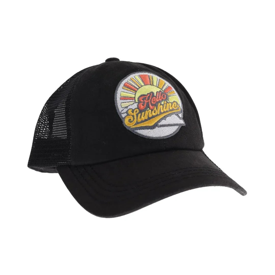 Black Embroidered Hello Sunshine Patch C.C High Pony Criss Cross Ball Cap combines practical design with stylish details. Featuring a high ponytail opening and crisscross back straps, this cap offers a comfortable fit for active lifestyles. The cheerful "Hello Sunshine" patch adds a positive touch, making it ideal for outdoor activities or casual wear while keeping hair neatly in place. Durable and breathable, it’s a smart choice for those seeking both function and fashion in headwear.