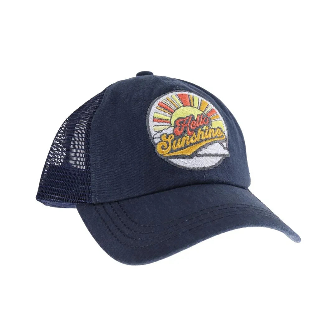 Navy Embroidered Hello Sunshine Patch C.C High Pony Criss Cross Ball Cap combines practical design with stylish details. Featuring a high ponytail opening and crisscross back straps, this cap offers a comfortable fit for active lifestyles. The cheerful "Hello Sunshine" patch adds a positive touch, making it ideal for outdoor activities or casual wear while keeping hair neatly in place. Durable and breathable, it’s a smart choice for those seeking both function and fashion in headwear.
