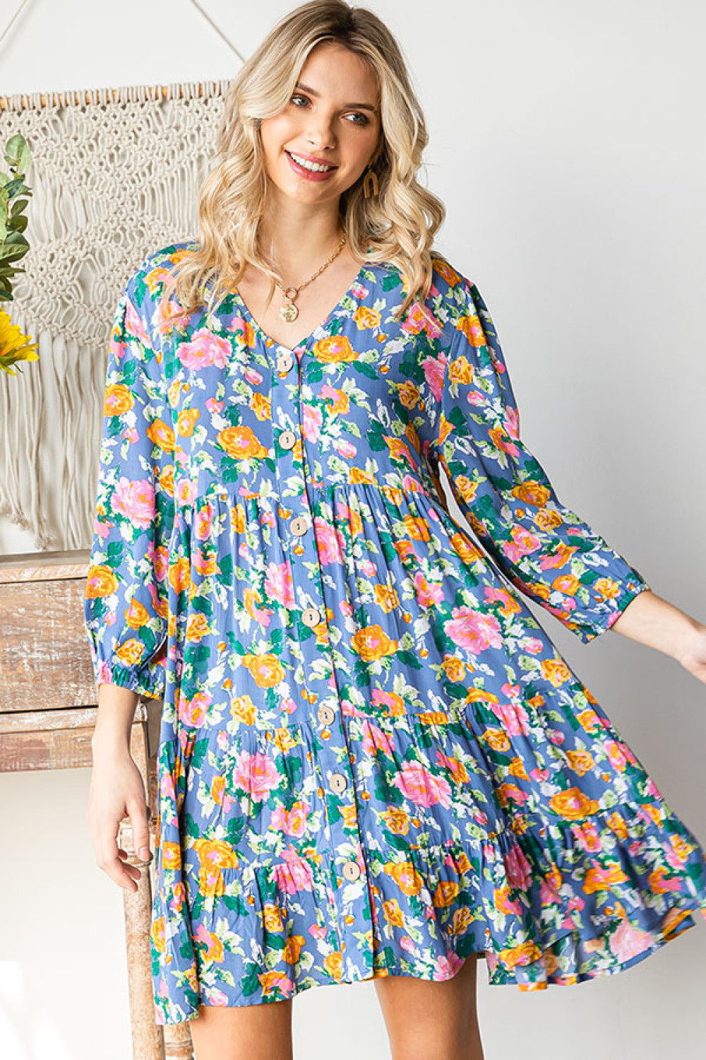 Boho Vibes Cotton Floral Button Down 3/4 Sleeve Tiered Dress - Charming Charlie