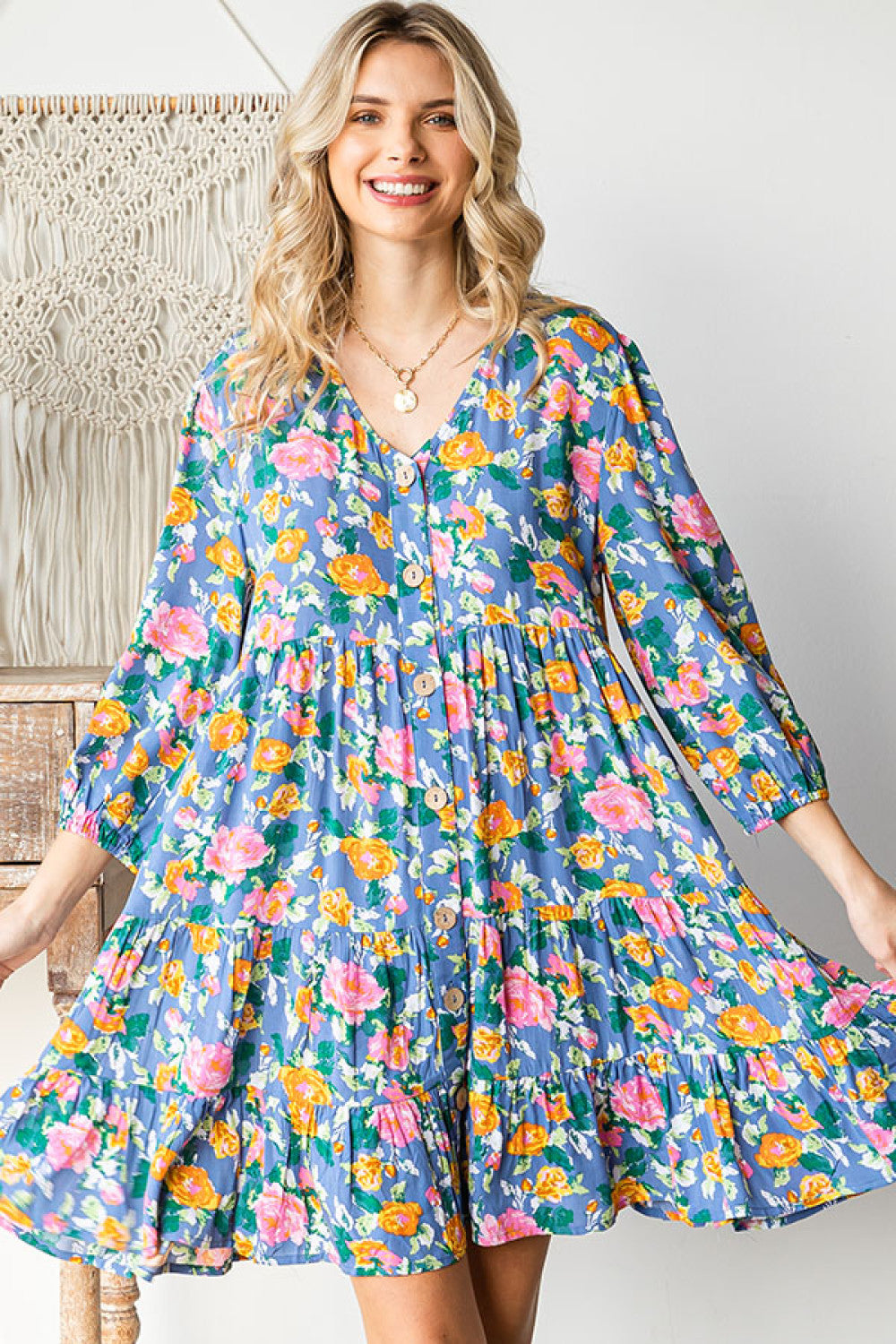 Boho Vibes Cotton Floral Button Down 3/4 Sleeve Tiered Dress - Charming Charlie