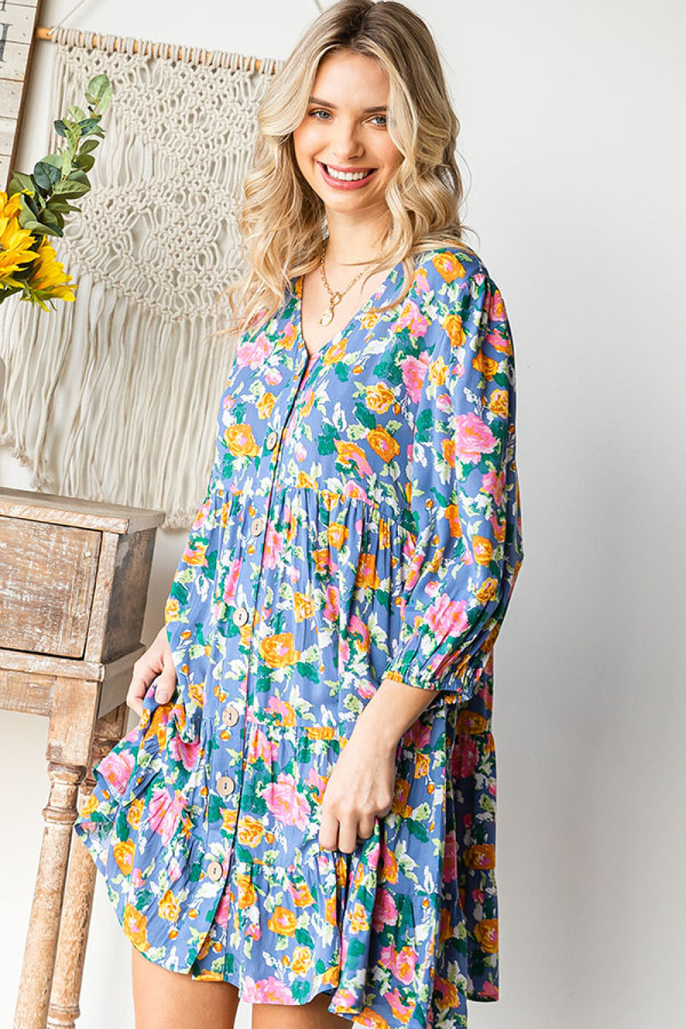 Boho Vibes Cotton Floral Button Down 3/4 Sleeve Tiered Dress - Charming Charlie