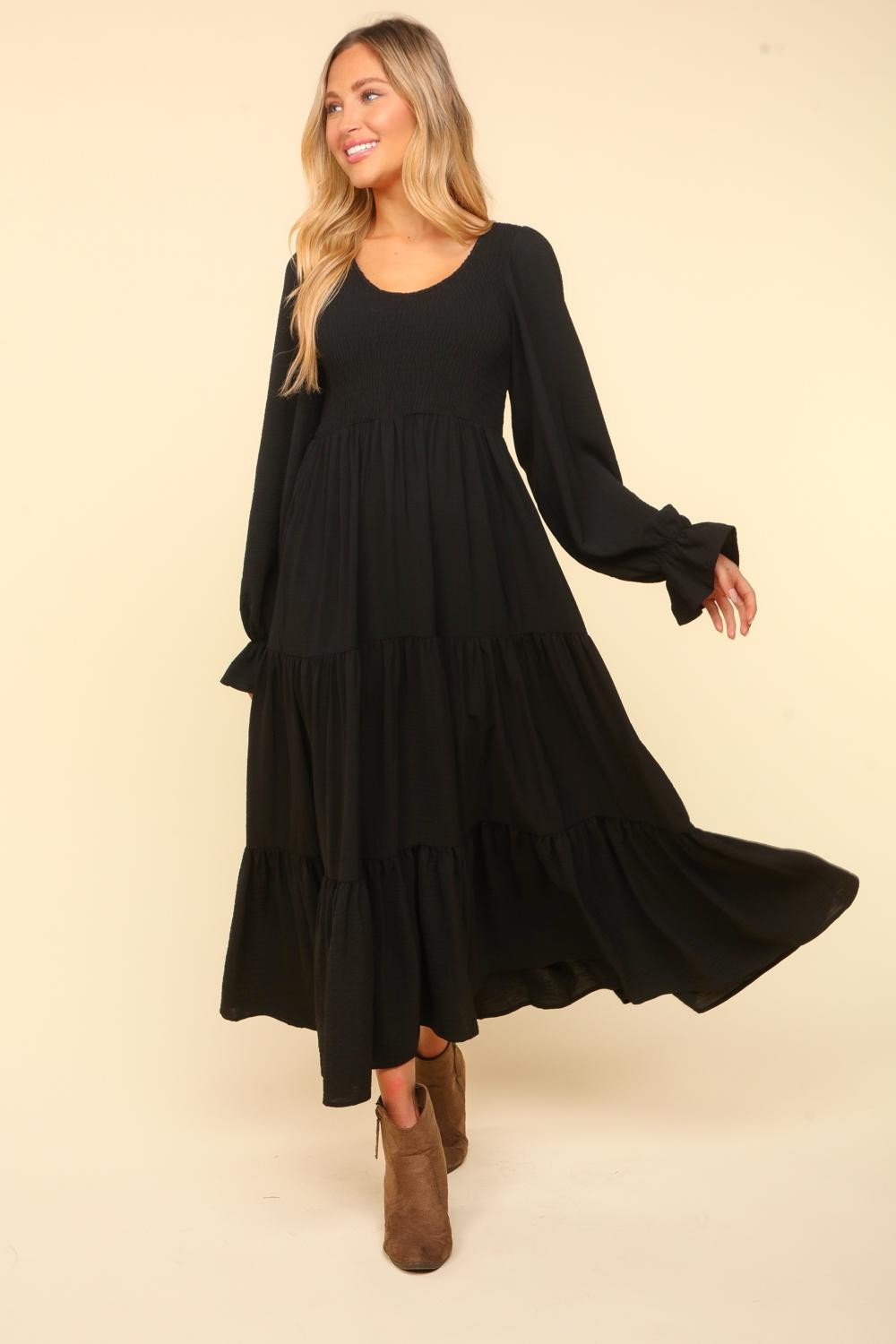 Smocking Maxi Woven Dress with Side Pockets in Black - Charming Charlie