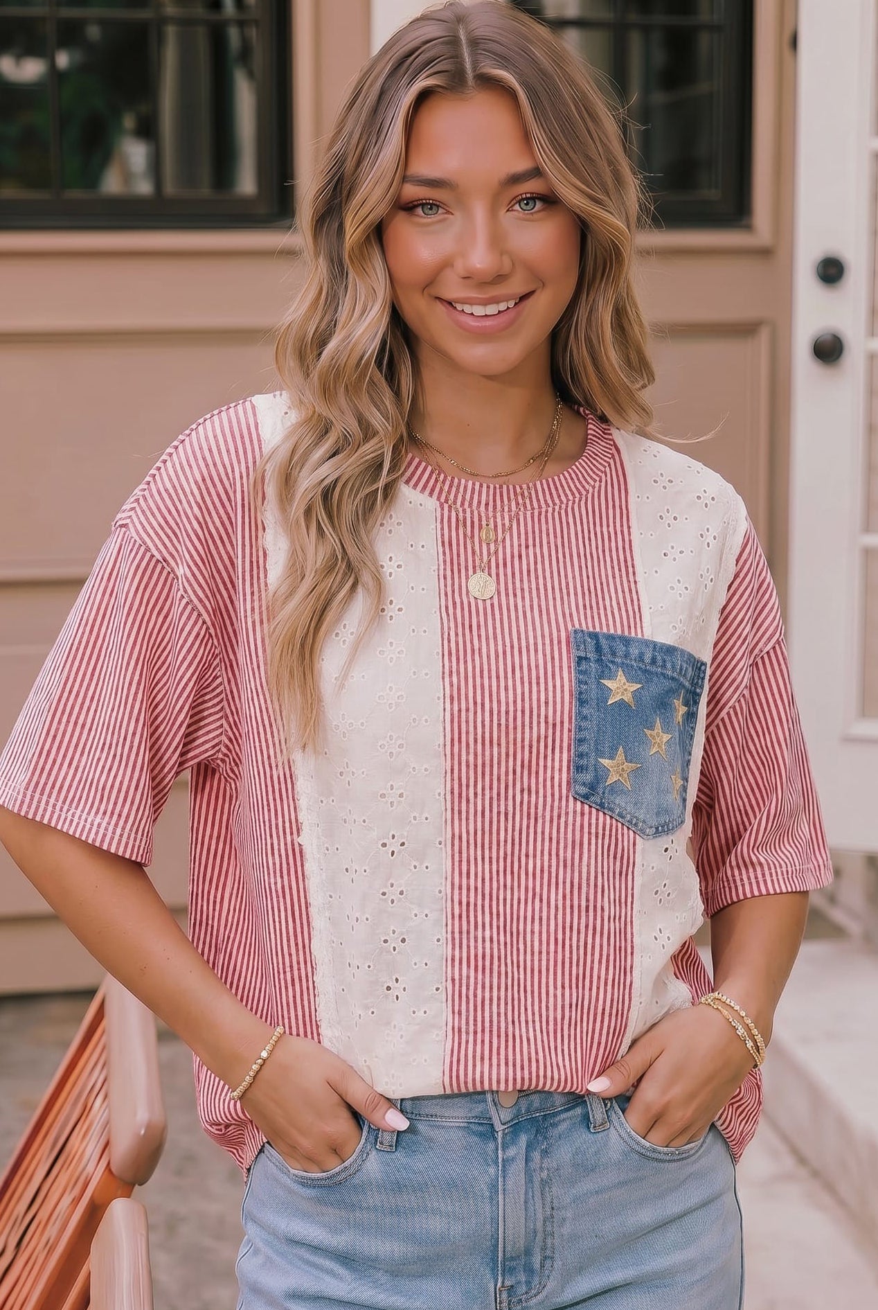 Stars and Stripes Eyelet Pocket Top - Charming Charlie