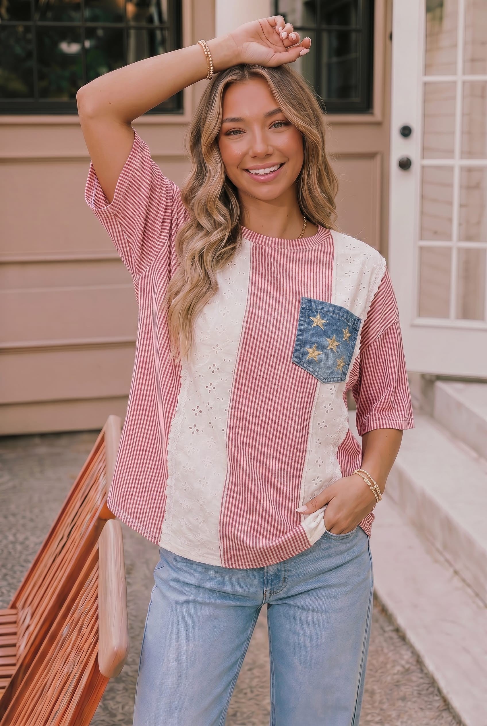Stars and Stripes Eyelet Pocket Top - Charming Charlie
