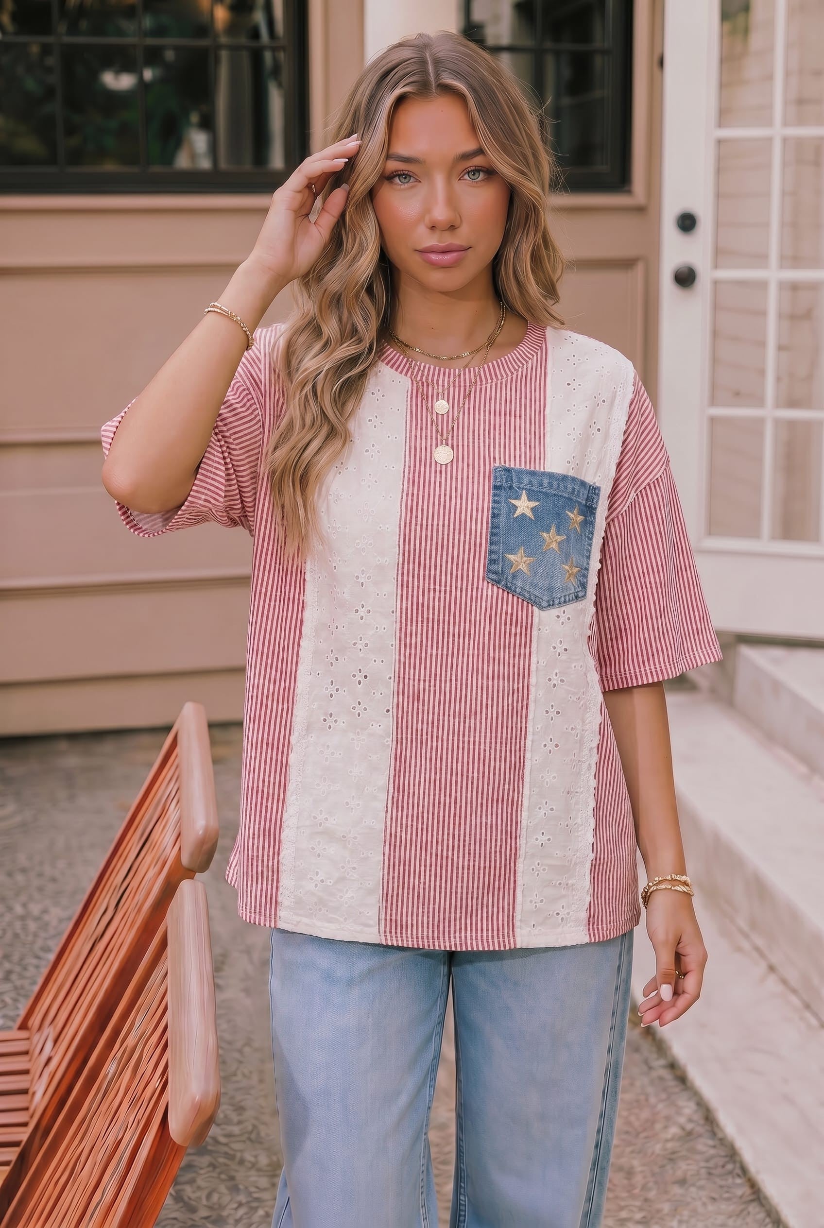 Stars and Stripes Eyelet Pocket Top - Charming Charlie
