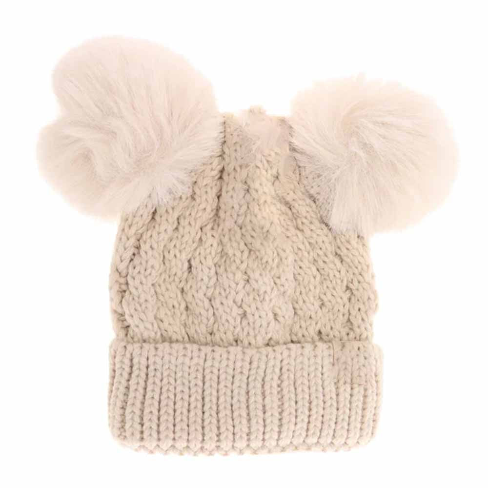 Beige Kids Cable Knit Double Matching Pom Beanie offers cozy warmth and stylish design for young wearers. Crafted with a double-layer knit, it provides extra insulation against cold weather. The matching pom-poms add a playful touch, making it both functional and fashionable for everyday winter wear. Ideal for keeping children comfortable during outdoor activities in chilly conditions.