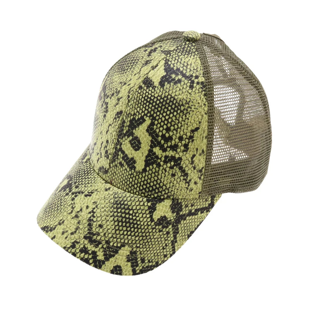 Matte Snake Print High Ponytail CC Ball Cap combines edgy style with practical design. Featuring a distinctive matte snake print, this cap is tailored to accommodate high ponytails comfortably, making it perfect for active lifestyles. The subtle CC logo detail adds a refined touch, while the breathable fabric ensures comfort throughout wear. Ideal for those who want to maintain a polished look without sacrificing functionality.