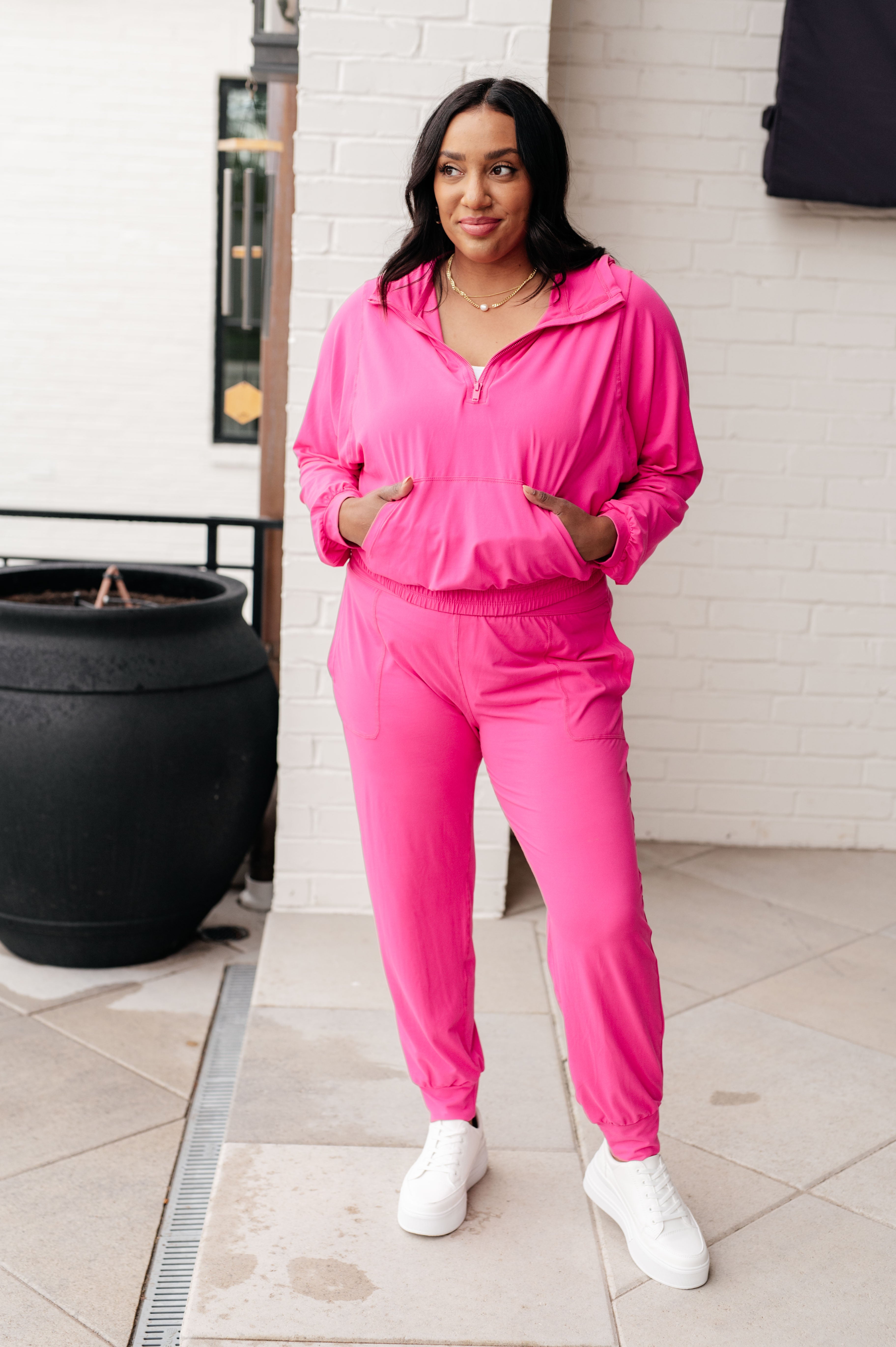Morning Run Half Zip Hoodie in Sonic Pink - Charming Charlie