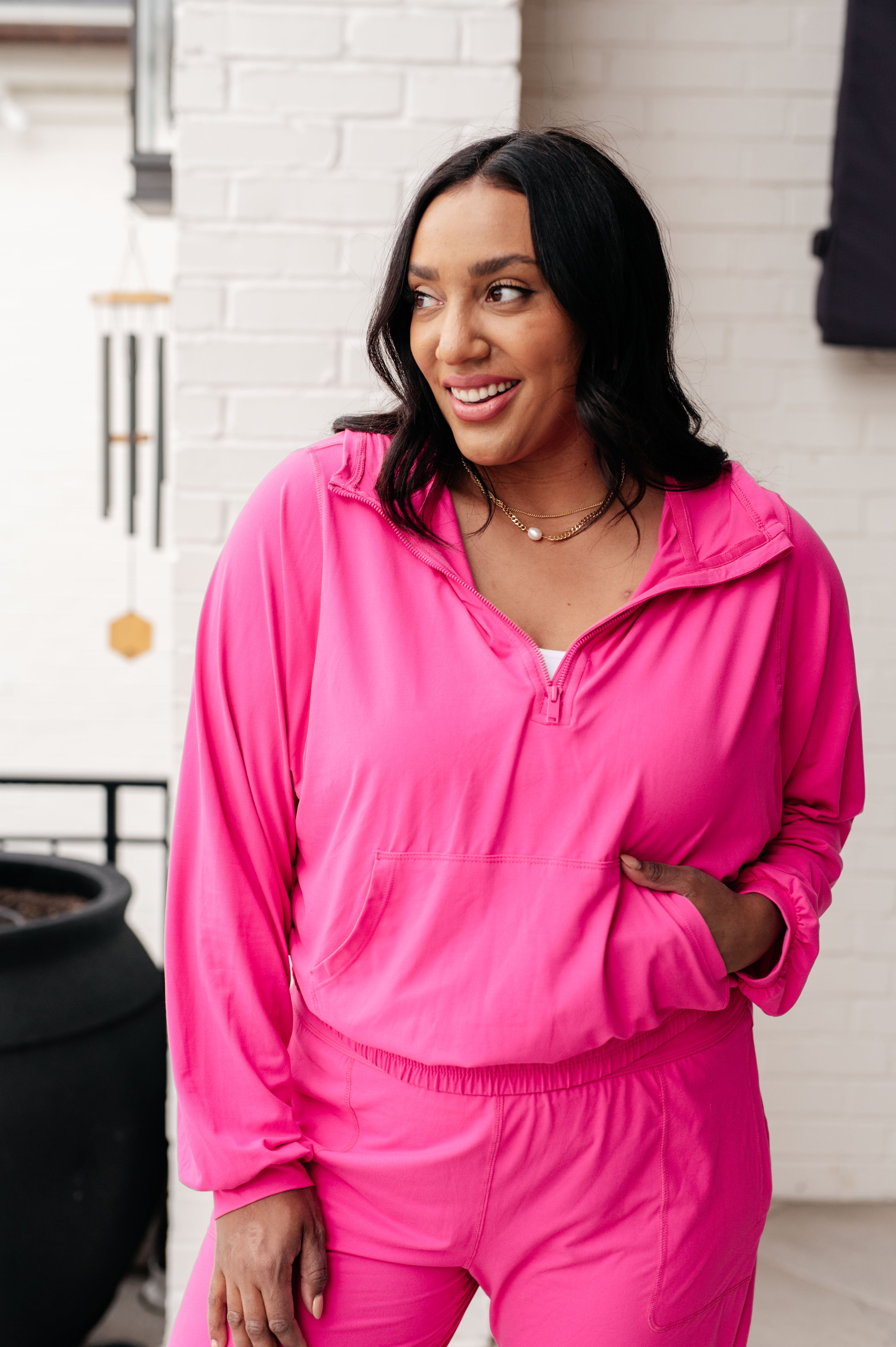 Morning Run Half Zip Hoodie in Sonic Pink - Charming Charlie