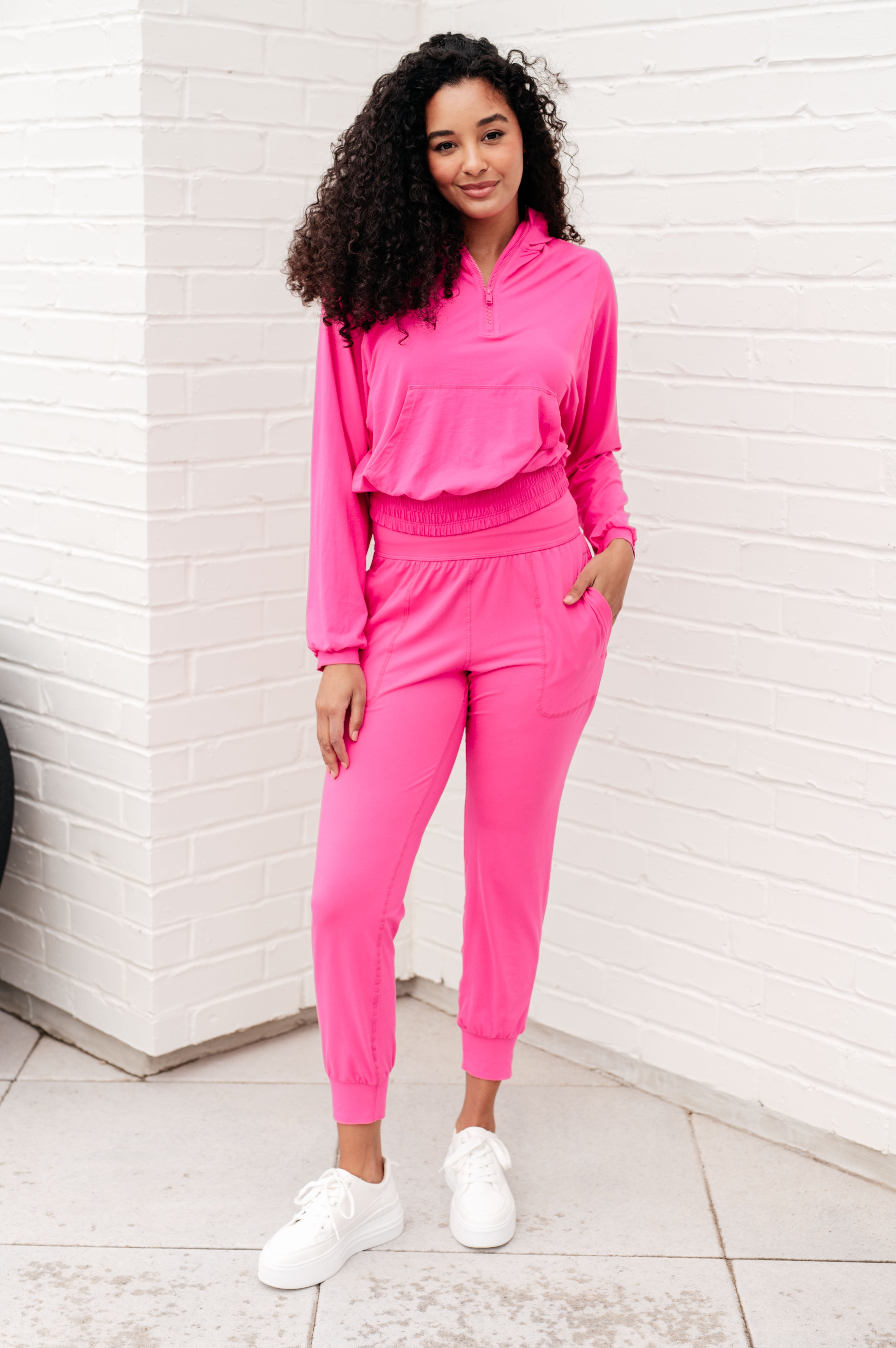 Morning Run Half Zip Hoodie in Sonic Pink - Charming Charlie