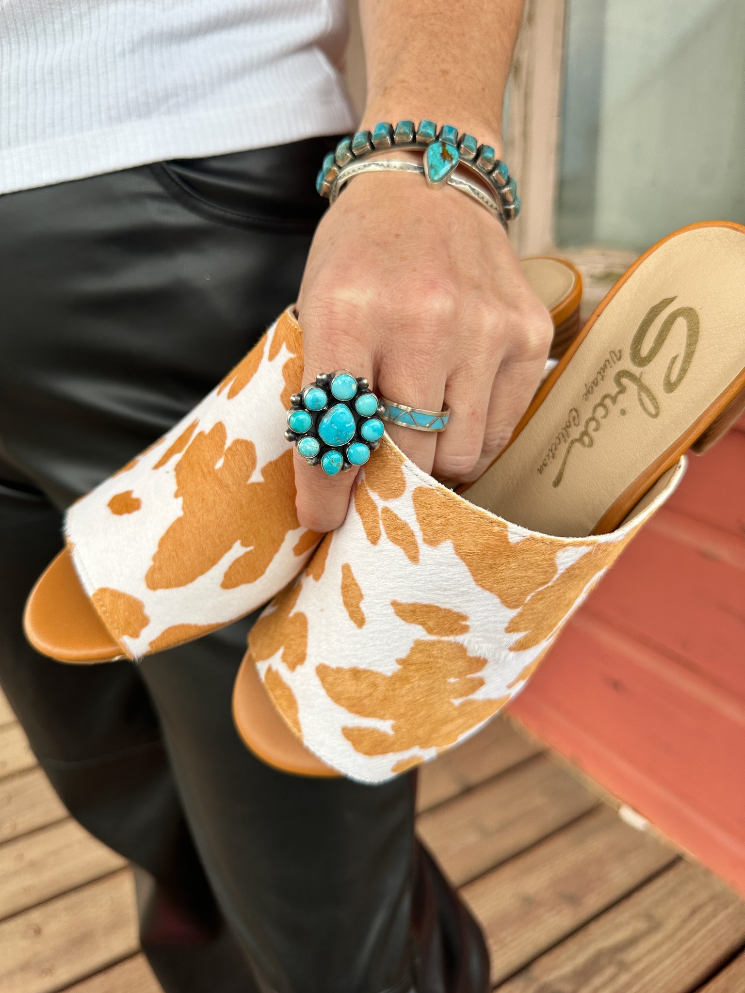 Richwood Peeptoe Tan and White Cowhide Slide - Charming Charlie
