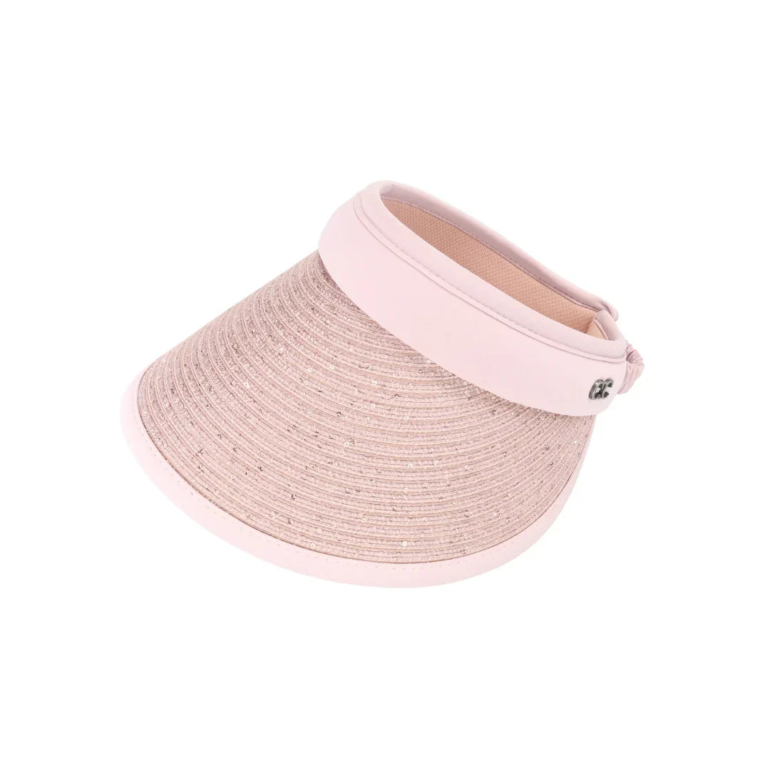 Sequin C.C Visor combines stylish sparkle with practical sun protection. Crafted with shimmering sequins, this visor offers a fashionable way to shield your eyes and face from sunlight during outdoor activities. Its adjustable fit ensures comfort and stability, making it ideal for sports, beach days, or casual wear. Elevate your sun-safe wardrobe with this expert blend of function and flair.