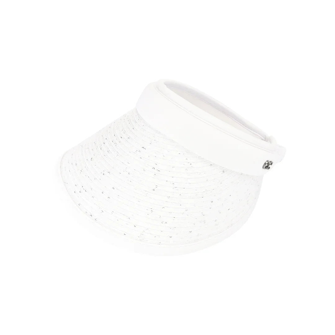 Sequin C.C Visor combines stylish sparkle with practical sun protection. Crafted with shimmering sequins, this visor offers a fashionable way to shield your eyes and face from sunlight during outdoor activities. Its adjustable fit ensures comfort and stability, making it ideal for sports, beach days, or casual wear. Elevate your sun-safe wardrobe with this expert blend of function and flair.