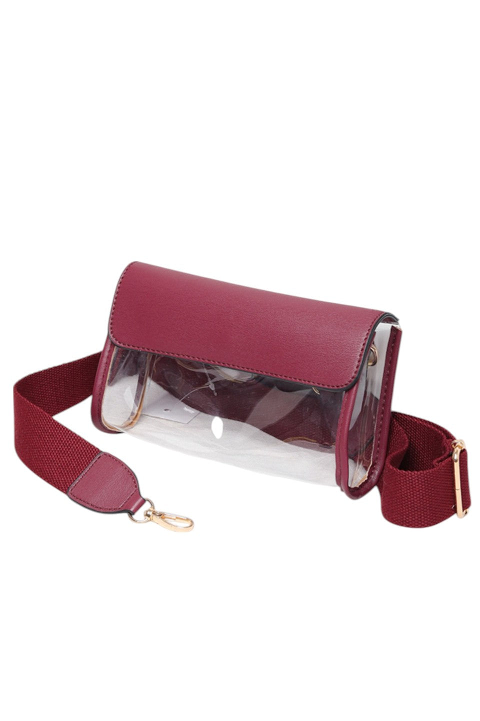 Solid Trim Clear Stadium Crossbody Bag combines transparency with reinforced solid trim for enhanced durability and style. Designed to meet stadium security requirements, it offers easy visibility of contents while maintaining a sleek, structured look. Its crossbody design ensures comfortable, hands-free wear, making it a practical choice for events where convenience and compliance are essential.