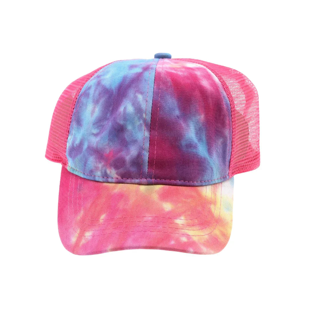 Tie Dye High Ponytail Mesh Back CC Ball Cap combines vibrant style with practical design. Featuring a colorful tie-dye pattern and a mesh back for breathability, this cap is perfect for active days. Its high ponytail opening ensures comfort and convenience for those with long hair, making it an ideal accessory for outdoor activities or casual wear. Durable and lightweight, it offers both fashion and function in one versatile piece.