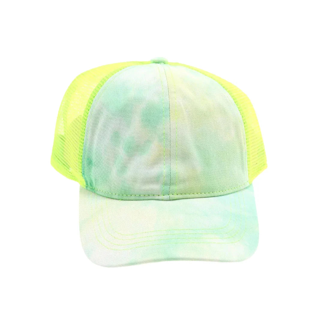 Tie Dye High Ponytail Mesh Back CC Ball Cap combines vibrant style with practical design. Featuring a colorful tie-dye pattern and a mesh back for breathability, this cap is perfect for active days. Its high ponytail opening ensures comfort and convenience for those with long hair, making it an ideal accessory for outdoor activities or casual wear. Durable and lightweight, it offers both fashion and function in one versatile piece.