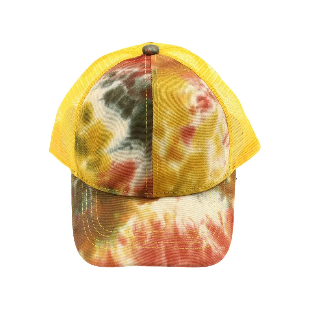Tie Dye High Ponytail Mesh Back CC Ball Cap combines vibrant style with practical design. Featuring a colorful tie-dye pattern and a mesh back for breathability, this cap is perfect for active days. Its high ponytail opening ensures comfort and convenience for those with long hair, making it an ideal accessory for outdoor activities or casual wear. Durable and lightweight, it offers both fashion and function in one versatile piece.