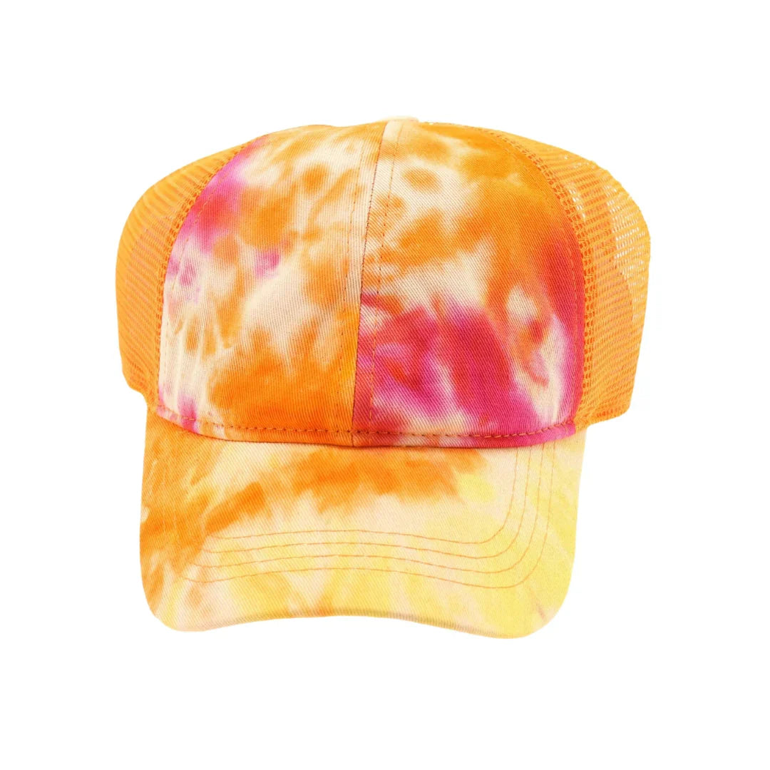 Tie Dye High Ponytail Mesh Back CC Ball Cap combines vibrant style with practical design. Featuring a colorful tie-dye pattern and a mesh back for breathability, this cap is perfect for active days. Its high ponytail opening ensures comfort and convenience for those with long hair, making it an ideal accessory for outdoor activities or casual wear. Durable and lightweight, it offers both fashion and function in one versatile piece.